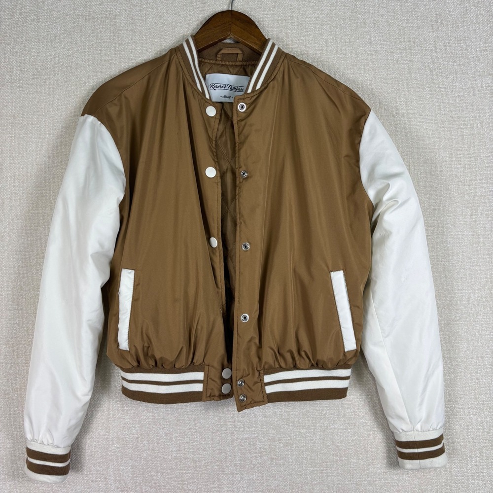 Reserve Fairfax Brown White Varsity Bomber Jacket Small Colorblock Snap Front